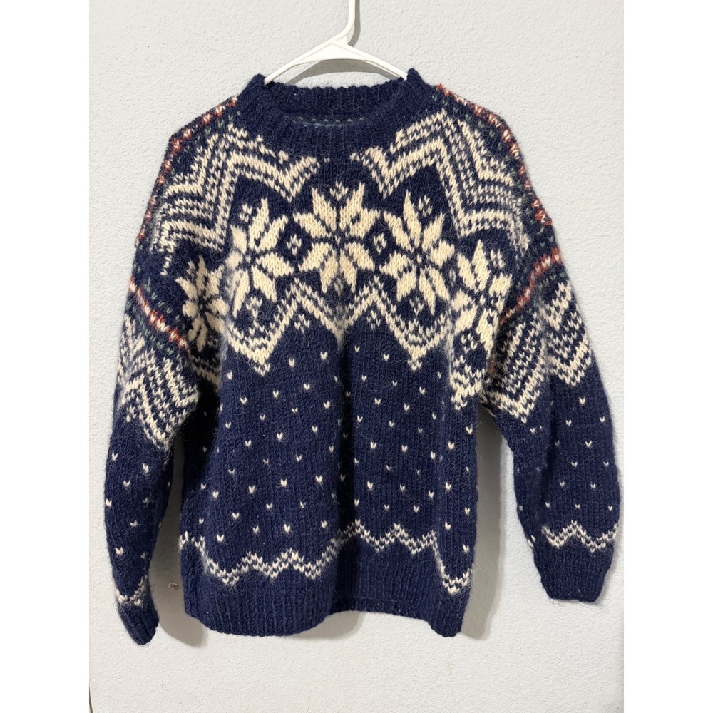 Vintage 80s Alpaca Imports Men's Sweater M Wool Hand Knit Fair Isle Snowflake